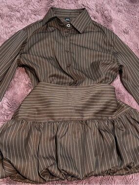 SHEIN Brown Pinstripe Button-Up Top with Peplum Skirt